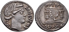 L. Scribonius Libo. 62 BC. AR Denarius (19mm, 3.81 g, 7h). Rome mint. Diademed head of Bonus Eventus right / Puteal Scribonianum (Scribonian wellhead), decorated with garland and two lyres; hammer at 