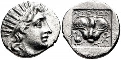 ISLANDS off CARIA, Rhodos. Rhodes. Circa 170-150 BC. AR Drachm (16mm, 2.76 g, 11h). Plinthophoric coinage. Artemon, magistrate. Radiate head of Helios right / Rose with bud to right; Isis crown to lef