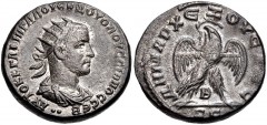 SYRIA, Seleucis and Pieria. Antioch. Volusian. AD 251-253. BI Tetradrachm (25mm, 12.77 g, 6h). Struck AD 251-253. Radiate, draped, and cuirassed bust right; •• below / Eagle standing facing, head and 