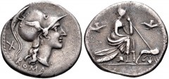 Anonymous. 115-114 BC. AR Denarius (20mm, 3.77 g, 7h). Rome mint. Helmeted head of Roma right; X (mark of value) behind / Roma seated right on pile of shields, holding spear; birds in flight to upper 