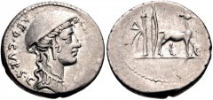 Cn. Plancius. 55 BC. AR Denarius (18mm, 3.71 g, 12h). Rome mint. Female head (Diana Planciana or Macedonia?) right, wearing causia / Cretan goat standing right; bow and quiver to left. Crawford 432/1;