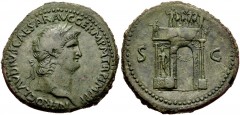 Nero. AD 54-68. Æ Sestertius (35mm, 25.27 g, 1h). Rome mint. Struck AD 64. Laureate head right / Triumphal arch surmounted by statue of emperor in quadriga in procession. RIC I 149 var. (bust with aeg