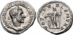 Macrinus. AD 217-218. AR Denarius (19mm, 3.16 g, 12h). Rome mint. 1st emission, AD 217. Laureate and cuirassed bust right / Jupiter standing left, holding thunderbolt and scepter; diminutive figure of