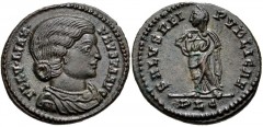 Fausta. Augusta, AD 324-326. Æ Follis (19mm, 3.24 g, 12h). Lugdunum (Lyon) mint. Struck AD 324-325. Draped bust right / Empress or Salus standing facing, head left, cradling two infants in her arms; P