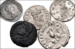 ROMAN. Imperial. Lot of five (5) coins from Septimius Severus to Valentinian II. Includes: Septimius Severus. AR Denarius // Julia Paula. AR Denarius // Herennius Etruscus. AR Antoninianus // Jovian. 