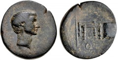 ASIA MINOR, Uncertain. Gaius Sosius(?). Circa 39 BC. Æ (28mm, 23.91 g, 11h). Bare head right / Fiscus, sella, quaestoria and hasta; Q below. RPC I 5409; FITA p. 13. VF, black patina, numerous cleaning
