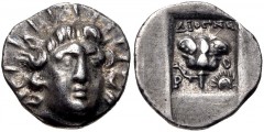 ISLANDS off CARIA, Rhodos. Rhodes. Circa 125-88 BC. AR Hemidrachm (12mm, 1.42 g, 12h). ‘Plinthophoric’ coinage. Diogenes, magistrate. Radiate head of Helios facing slightly right / Rose with bud to le