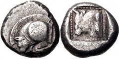 DYNASTS of LYCIA. Uncertain dynast. Circa 500-470/60 BC. AR Stater (18mm, 9.25 g, 1h). Forepart of boar left / Bull’s head left within pelleted square border within incuse square. Falghera –; SNG von 