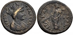 LYDIA, Hierocaesarea. Pseudo-autonomous issue. temp. Severans, AD 193-235. Æ (21mm, 5.21 g, 6h). Turreted and draped bust of Tyche right / Tyche standing left, holding rudder and cornucopia. BMC 21. F
