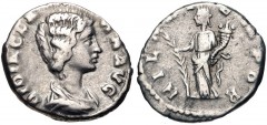 Didia Clara. Augusta, AD 193. AR Denarius (18mm, 2.79 g, 12h). Rome mint. Struck under Didius Julianus. Draped bust right / Hilaritas standing left, holding long palm frond and cornucopia. RIC IV 10 (