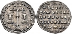 Basil II Bulgaroktonos, with Constantine VIII. 976-1025. AR Miliaresion (22mm, 1.68 g, 6h). Constantinople mint. Struck AD 977-989. Cross crosslet set on pellet on four steps; X at center, • above cre