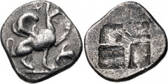 IONIA, Teos. Circa 450-425 BC. AR Trihemiobol (12mm, 1.30 g). Reduced standard. Griffin seated right, forepaw raised; griffin’s head to right / Quadripartite incuse square of striated type. Matzke Cb4