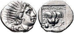 ISLANDS off CARIA, Rhodos. Rhodes. Circa 170-150 BC. AR Drachm (16mm, 2.67 g, 11h). ‘Plinthophoric’ coinage. Thrasymenes, magistrate. Radiate head of Helios right / Rose with bud to right; rising sun 