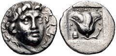 ISLANDS off CARIA, Rhodos. Rhodes. Circa 170-150 BC. AR Hemidrachm (12mm, 1.07 g, 12h). ‘Plinthophoric’ coinage. Anaxidotos, magistrate. Radiate head of Helios facing slightly right / Rose with bud to