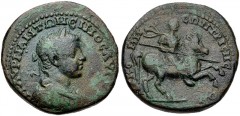 BITHYNIA, Nicomedia. Elagabalus. AD 218-222. Æ (28mm, 13.64 g, 6h). Laureate, draped, and cuirassed bust right / Emperor on horseback charging right, holding couched lance. RG –; SNG von Aulock –; SNG