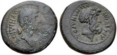 LYDIA, Tralles. Vedius Pollio. Legate of Asia, circa 29/8-27 BC. Æ (20mm, 5.88 g, 12h). Menandros, son of Parrhasios, magistrate. Bare head of Vedius Pollio right; uncertain object behind / Laureate h
