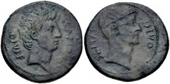 The Triumvirs. Octavian and Divus Julius Caesar. 38 BC. Æ Sestertius (or Dupondius?) (30mm, 17.17 g, 3h). Southern Italian mint. Bare head of Octavian right; DIVI F behind, CAES[AR] before / Wreathed 