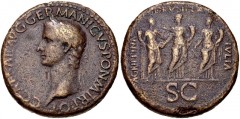 Gaius (Caligula). AD 37-41. Æ Sestertius (33mm, 26.71 g, 6h). Rome mint. Struck AD 37-38. Laureate head left / Gaius' three sisters standing facing: Agrippina (as Securitas) leaning on column, holding