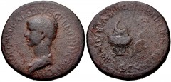 Nero. As Caesar, AD 50-54. Æ Dupondius (30mm, 15.73 g, 6h). Rome mint. Struck under Claudius. Bareheaded and draped bust of a young Nero left / Simpulum and lituus above tripod and patera respectively