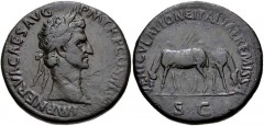 Nerva. AD 96-98. Æ Sestertius (34mm, 25.47 g, 5h). Rome mint. Struck AD 97. Laureate head right / VEHICVLATIONE ITALIAE REMISSA, two horses grazing; yoke in background. RIC II 93; Banti 44. VF, dark g