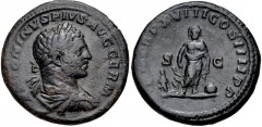 Caracalla. AD 198-217. Æ As (26mm, 11.81 g, 7h). Rome mint. Struck AD 215. Laureate, draped, and cuirassed bust right / Aesculapius standing facing, leaning on serpent-entwined staff; to left, Telesph