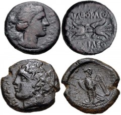 GREEK. Magna Graecia & Sicily. Lot of two (2) Syracusan bronze coins. AGATHOKLES. 317-289 BC. Æ 22mm. Struck circa 306/4-289 BC. Head of Artemis Soteira right / Winged thunderbolt. BAR Issue 33; CNS 1