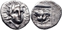 ISLANDS off CARIA, Rhodos. Rhodes. Circa 170-150 BC. AR Hemidrachm (13mm, 1.41 g, 12h). ‘Plinthophoric’ coinage. Athanodoros, magistrate. Radiate head of Helios facing slightly right / Rose with bud t