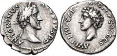 Antoninus Pius, with Marcus Aurelius as Caesar. AD 138-161. AR Denarius (18mm, 3.44 g, 6h). Rome mint. Struck AD 139. Laureate bust of Antoninus Pius right, slight drapery / Bare head of Marcus Aureli