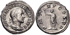 Gordian I. AD 238. AR Denarius (20mm, 2.61 g, 1h). Rome mint. Struck 1-22 April AD 238. Laureate, draped, and cuirassed bust right / Gordian, laureate and togate, standing facing, head left, holding b