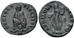 temp. Maximinus II. AD 310-313. Æ Follis (16mm, 1.67 g, 10h). ‘Persecution’ issue. Antioch mint, 10th officina. Struck AD 310-313. Tyche seated facing; river-god Orontes swimming below / Apollo standi