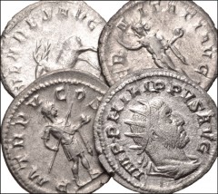 ROMAN. Imperial. Lot of four (4) AR Antoniniani of Gordian III & Philip I. Includes: Gordian III (2) // Philip I (2). VF or slightly better, some porosity. LOT SOLD AS IS, NO RETURNS. Four (4) coins i