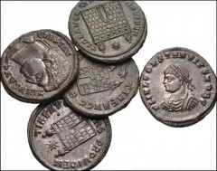 ROMAN. Imperial. Lot of five (5) Æ Folles of Constantine I and Constantius II. Various mints. All camp gate types. Includes: Constantine I (4) // Constantius II as Caesar. EF, traces of silvering, lig