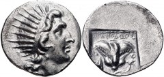 ISLANDS off CARIA, Rhodos. Rhodes. Circa 150-125 BC. AR Drachm (17mm, 2.76 g, 11h). ‘Plinthophoric’ coinage. Athanodoros, magistrate. Radiate head of Helios right / Rose with bud to right; AΘANOΔΩPOΣ 