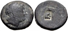 SELEUKID KINGS of SYRIA. Antiochos III ‘the Great’. 222-187 BC. Æ (23mm, 9.45 g, 12h). Sardes mint. Struck circa 215-213 BC. Diademed head right / Tripod; c/m: horned head of horse right within rectan
