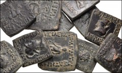 ORIENTAL GREEK–CENTRAL ASIAN. Lot of twelve (12) bronze coins. Includes: Indo-Greek (Baktrian) [10] // Indo-Skythian [2]. Diameters from 18 to 28mm. Fine or slightly better, smoothing/cleaning scratch