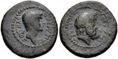 LYDIA, Tralles. Vedius Pollio. Legate of Asia, circa 29/8-27 BC. Æ (20mm, 5.34 g, 12h). Menandros, son of Parrhasios, magistrate. Bare head of Vedius Pollio right; uncertain object behind / Laureate h
