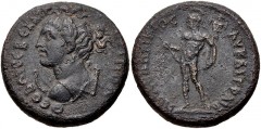 LYDIA, Tripolis. Trajan. AD 98-117. Æ (27mm, 15.58 g, 12h). Theodoros, magistrate. Bust of Artemis left, holding bow, quiver over shoulder / Ares standing left, holding spear and trophy. SNG München –