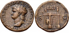 Nero. AD 54-68. Æ Sestertius (33mm, 23.72 g, 7h). Lugdunum (Lyon) mint. Struck circa AD 66. Laureate head left; globe at point of neck / Triumphal arch surmounted by emperor in facing quadriga accompa