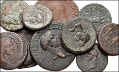 ROMAN. Provincial. Lot of ten (10) miscellaneous bronze coins, mostly from the Julio-Claudian Era. Diameters from 18 to 30mm. Includes: SPAIN, Carthago Nova. Tiberius, with Nero and Drusus Caesars // 