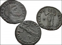 ROMAN. Imperial. Lot of three (3) Æ Folles of Galeria Valeria and Maxentius. Various mints. Includes: Galeria Valeria. Venus (2) // Maxentius. Roma in temple. VF. LOT SOLD AS IS, NO RETURNS. Three (3)