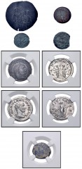 MIXED. Judaean–Byzantine. Lot of nine (9) coins. All in ICG, NGC, or ANACS slabs. Includes the following, with grading company and grade: JUDAEAN: Alexander Jannaeus. Æ Prutah. ICG VF25 // Herod I. Æ 