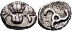 DYNASTS of LYCIA. Perikles. Circa 380-360 BC. AR Tetrobol (15mm, 2.46 g). Facing lion’s scalp / Triskeles within shallow incuse. SNG von Aulock 4254. VF, porosity.