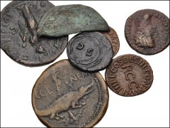 ROMAN. Imperial. Lot of seven (7) bronze coins from Augustus to Faustina Junior. All Rome mint unless otherwise noted. Includes: Augustus & Agrippa. Æ Dupondius. Mint of Nemausus // Tiberius. Semis. M