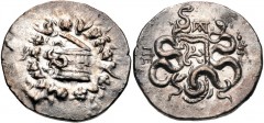 MYSIA, Pergamon. Circa 166-67 BC. AR Tetradrachm (27mm, 12.38 g, 12h). Cistophoric type. Struck circa 123-104 BC. Cista mystica with serpent; all within ivy wreath / Bowcase with serpents; monogram ab