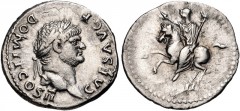 Domitian. As Caesar, AD 69-81. AR Denarius (20mm, 3.11 g, 6h). Rome mint. Struck under Vespasian, AD 73-75. Laureate head right / Domitian on horseback, rearing left, raising hand and holding carnyx(?