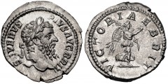Septimius Severus. AD 193-211. AR Denarius (18.5mm, 2.86 g, 6h). Rome mint. Struck circa AD 210-211. Laureate head right / VICTORIAE BRIT, Victory advancing right, holding wreath and palm frond. RIC I