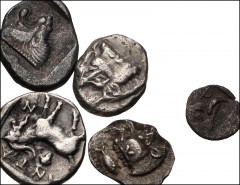 GREEK. Asia Minor. Lot of five (5) silver fractions. Includes: Troas, Antandros. Diobol // Mysia, Kyzikos. Trihemiobol // Same. Hemiobol // Ionia, Ephesos // Dynasts of Lycia, Uncertain. AR Trihemibol