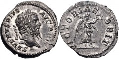 Septimius Severus. AD 193-211. AR Denarius (19mm, 3.36 g, 6h). Rome mint. Struck circa AD 210-211. Laureate head right / VICTORIAE BRIT, Victory advancing right, holding wreath and palm frond. RIC IV 