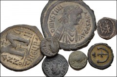 BYZANTINE. Lot of seven (7) bronze coins from Justinian I and Justin II. Includes: Justinian I. Æ Follis // Æ Pentanummia (4) // Justin II. Æ Follis // Æ Pentanummium. Good Fine to VF. LOT SOLD AS IS,