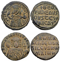 BYZANTINE. Lot of two (2) Æ Folles of Theophilus and Romanus I. Includes: Theophilus. Æ Follis. SB 1667 // Romanus I. Æ Follis. SB 1760. VF, cleaning scratches. LOT SOLD AS IS, NO RETURNS. Two (2) coi